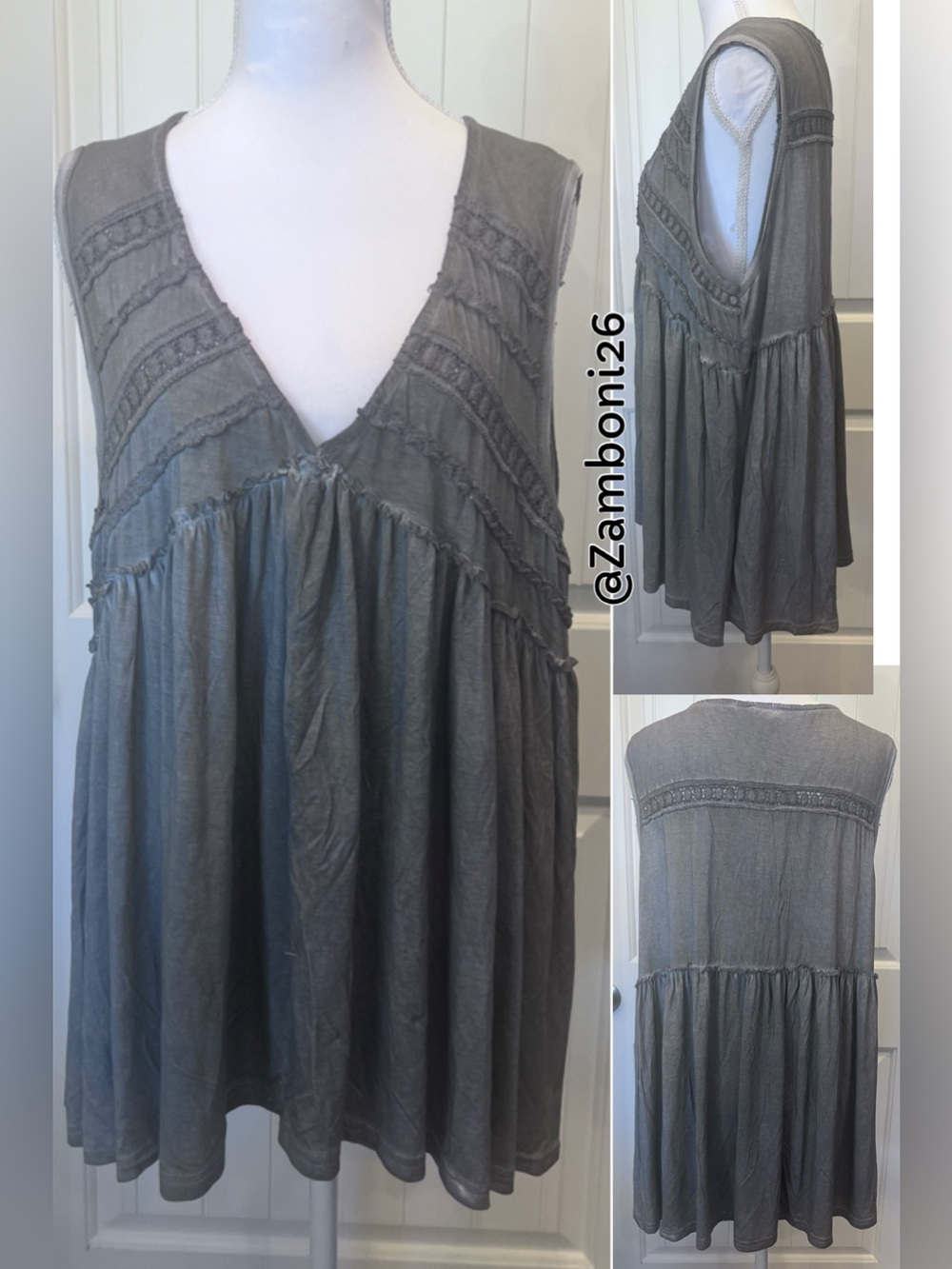 POL Gray Sleeveless V-Neck Boho Embroidered Lace Babydoll Tank Sz Medium